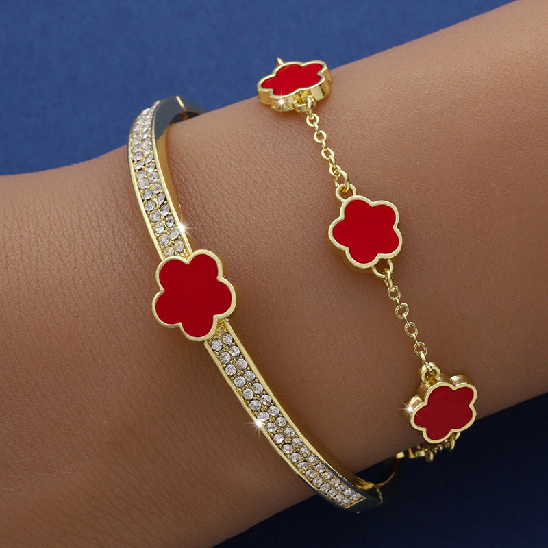 Lucky Five Petal Flower & Two-piece Five-leaf Flower Bracelet