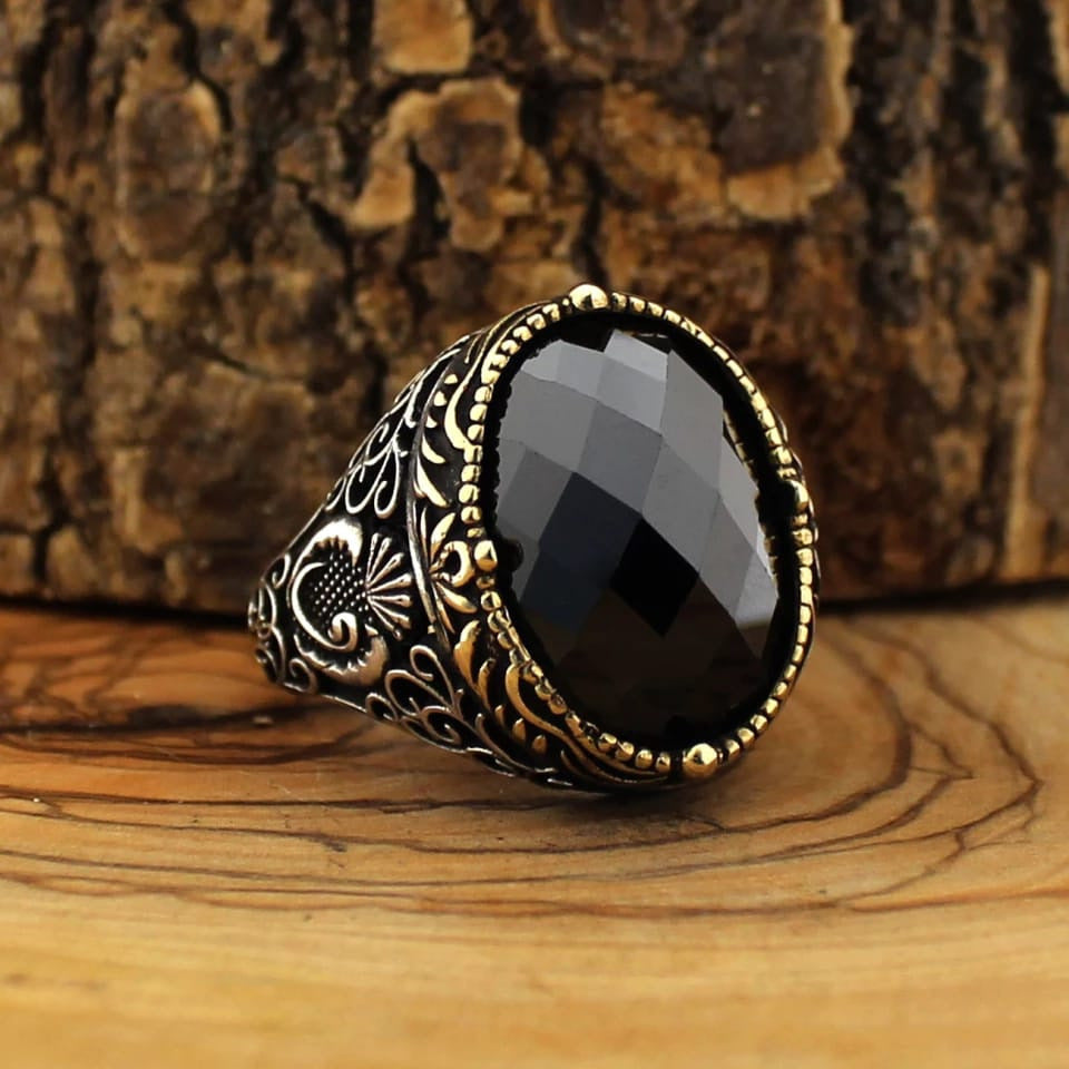 Snakelike Winding Black Flat Gemstone Ring Men's Retro With Opening Finger Ring