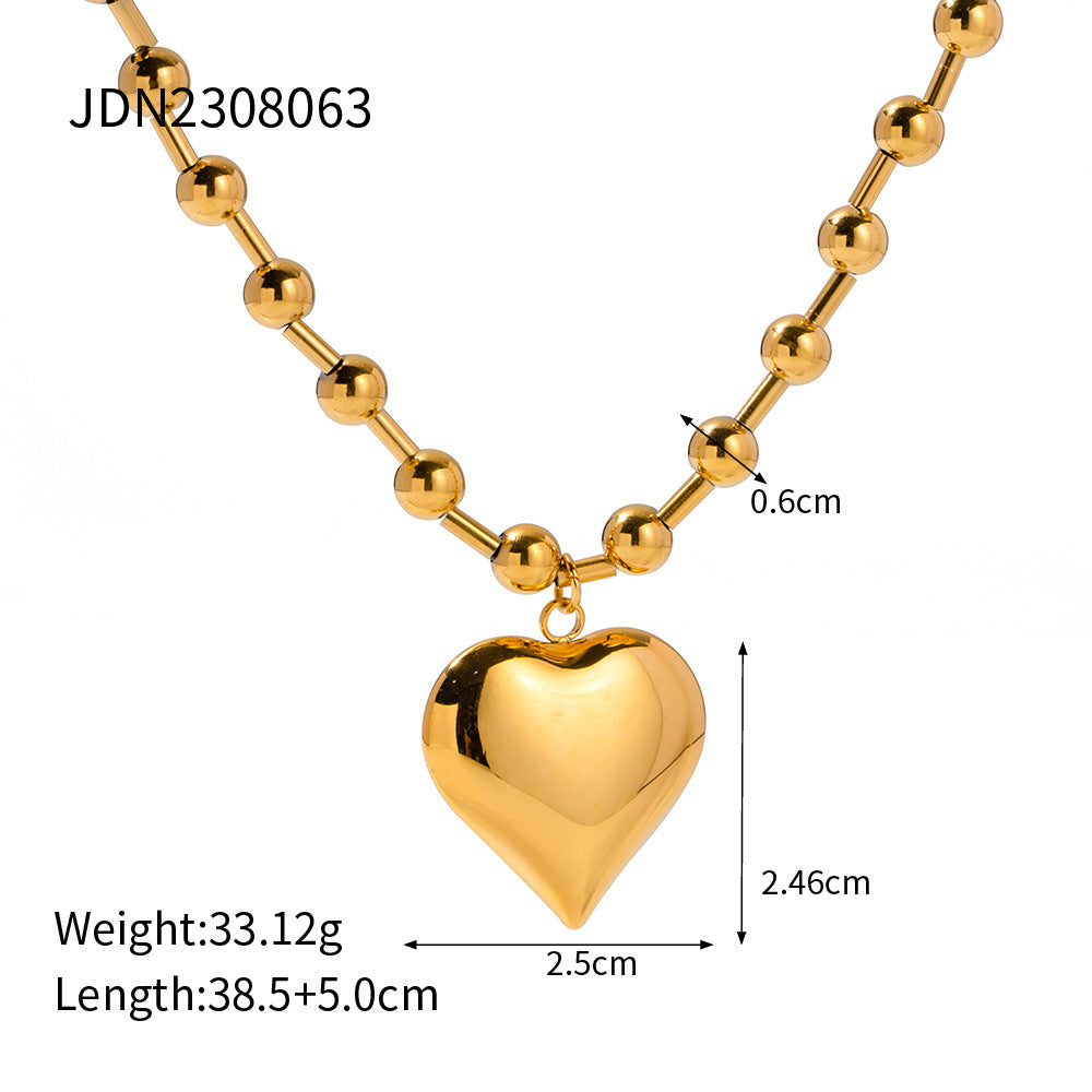 Three-dimensional Peach Heart Pendant Round Beads Stainless Steel Necklace